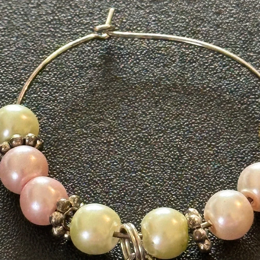Wine glass tag, stainless steel hoop, yellow/pink beads, soccer charm